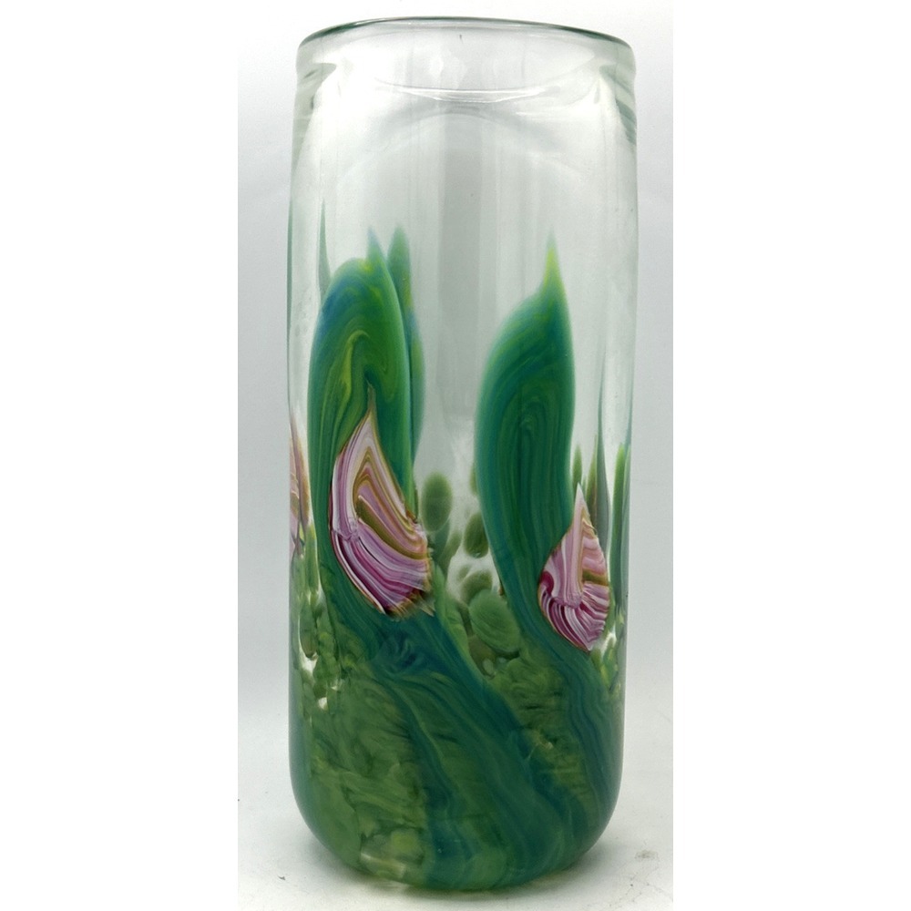 Vtg Signed Fulk & Fulk Vase Blown Clear Glass W/‎ Incorporated Pink Flowers Vase
